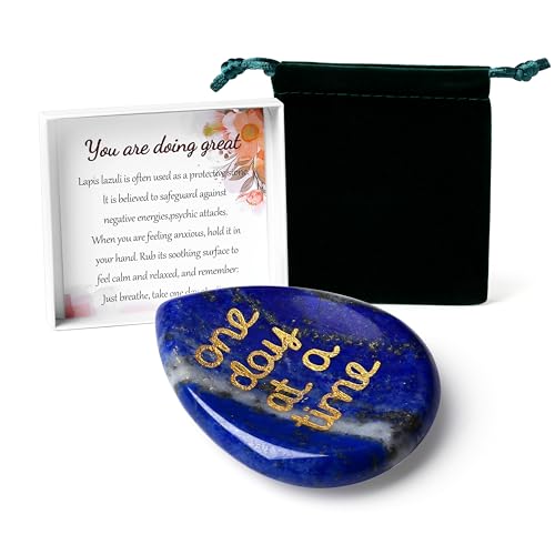 LAIDANLA Worry Stone for Anxiety One Day at A Time Lapis Lazuli Crystal Fidget Thumb Stones Depression Stress Relief Items Mental Health Inspirational Sobriety Thinking of You Gifts for Women Men