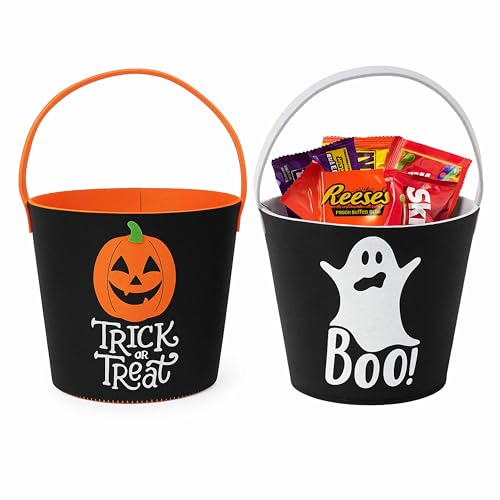 ADEPTNA Set of 2 Halloween Felt Treat Buckets – 18cm Trick or Treat Bags for Kids – Pumpkin & Ghost Design – Reusable Felt Sweet Candy Holders for Halloween Parties