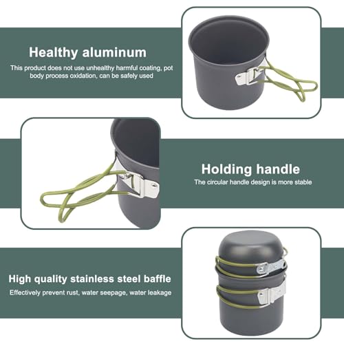 Camping Kochgeschirr Set für 1-2 Personen, Camping Geschirr Set aus Aluminium, Tragbare Camping Topf Pfanne Set mit Faltbare Besteck, Besteck Outdoor Topfset für Kochgeschirr Reisen Wandern