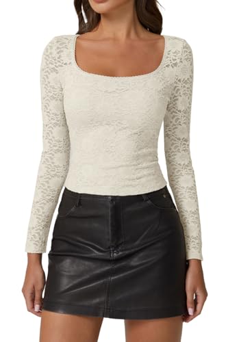 QINSEN Chic Floral Lace Tops for Women Slim Fit Long Sleeve Square Neck Crop Tops Basic Going Out Shirts