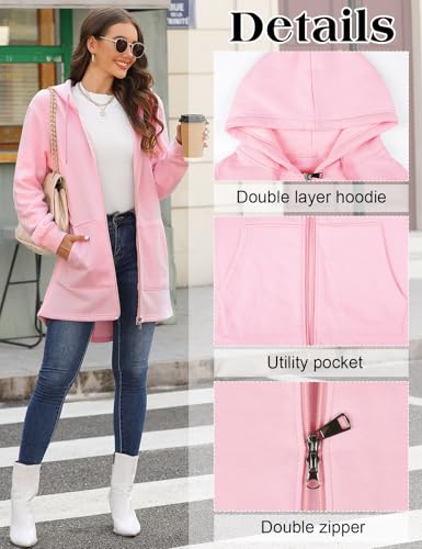 Vancavoo Fleecejacke Damen Lang Winterjacke Sweatjacke Kapuzenjacke Zip Kapuzenpullover Lose Jacken Einfarbig Sweatshirt Langen Mantel Cardigan Outwear Mit Taschen,Rosa,M