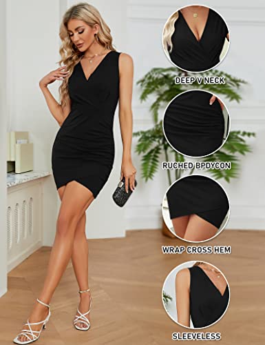 Sarin Mathews Womens Deep V Neck Bodycon Mini Dress Summer Sleeveless Ruched Wrap Sexy Club Party Cocktail Dresses Black M #TOP3
