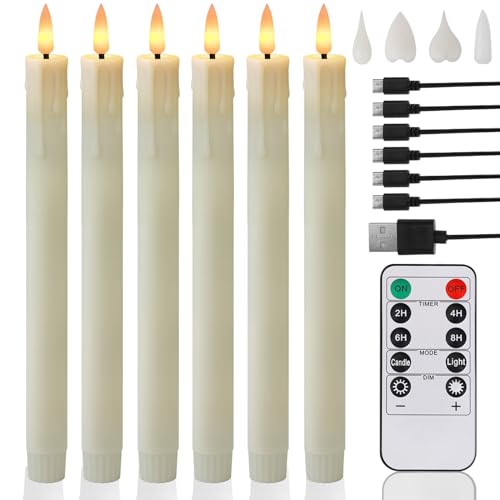 MI CASA Rechargeable LED Taper Candles Flickering with Remote Timer, Pack of 6 Battery Operated Drip Wax Ivory Flameless Taper Candles with 2 Replacable Flame Tips, Christmas Home Wedding Decor MI CASA Rechargeable LED Taper Candles Flickering with Remote Timer, Pack of 6 Battery Operated Drip Wax Ivory Flameless Taper Candles with 2 Replacable Flame Tips, Christmas Home Wedding Decor