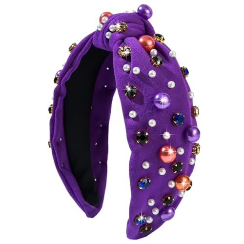 TULOBI Halloween Headband for Women Pearl Knotted Headband Pearl Rhinestone Crystal Jeweled Hairband Headpiece Holiday Outfits Gifts (Purple)