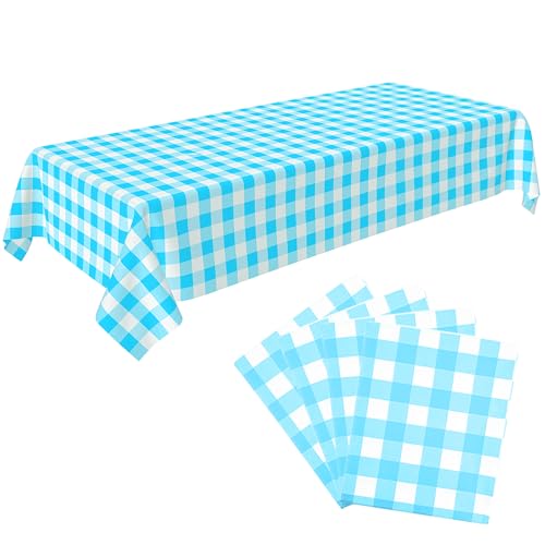Crystal Lemon Checkered Picnic Tablecloth – Disposable Plastic Plaid Table Cover for Parties, Blue and White, 4-Pack