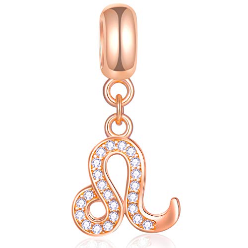 Leo Zodiac Sign Charms fits Pandora Charm Bracelet – Rose Gold 925 Sterling Silver Necklace Pendant, 12 Horoscope Constellation Dangle CZ Birthstone Beads, Gifts for Women/Mom