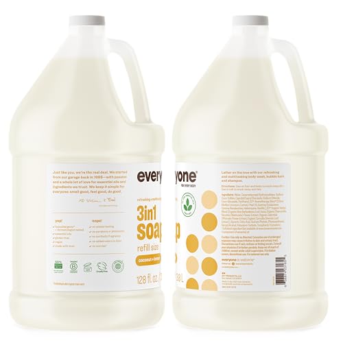 Image of Everyone 3-in-1 Soap, Body Wash, Bubble Bath, Shampoo, 1 Gallon, Coconut and Lemon, made with Essential Oils for Men and Women | Gallon refill size | sulfate-free | essential oils | family body wash | coconut lemon | men and women | bubble bath soap