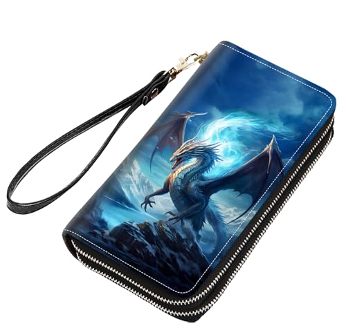 stmedazm Dragon Print Women Large Capacity PU Leather Double Zipper Wallet, Multifunctional Clutch Purse for Cash/Card/Coin/Smart Phone