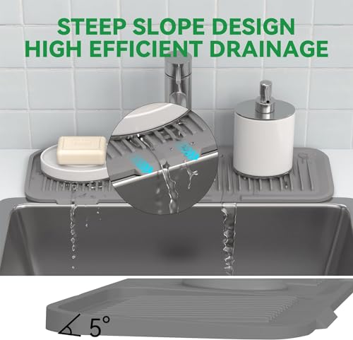 Image of Sink Mat for Faucet | Absorbent Faucet Splash Guard with Adjustable 1.5-2.7 Inch Hole | Quick-Dry, Washable Drip Catcher for Kitchen & Bathroom Sink (17.7 x 5.5 x 0.39 Inch, Dark Grey)