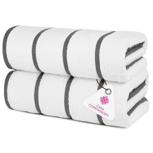 Image of Casa Copenhagen Pack of 2 Cabana Pool XL Towels for Bath Cotton Rough and Tough Use,70 x 140 cm Colour : White Grey Stripe