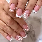 French Tip Press on Nails Medium Square Fake Nails Full Cover False Nails with Designs White Wave He