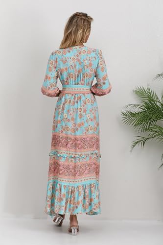 Image of Women Boho High-Waist Floral Print Maxi Dress 3 /4 Sleeve Casual | Soft Rayon, Breathable, Quick-Dry. High-Waist with Adjustable Belt, Flattering Hem. Ideal for Beach, Work & Dating.