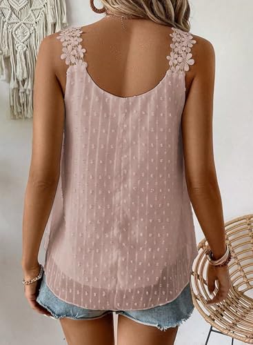 Spaghetti Strap Tank Top Sleeveless Pink Swiss Dot Blouse for Women Flowy Lace Bohemian Peplum Womens Shirts Vacation Boat Neck Fall Business Womens Blouses Loose L3