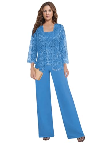 3 Pieces Mother of The Bride Pant Suits for Women Dressy Chiffon Lace Wedding Formal Outfit