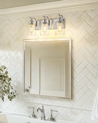 Image of 3-Light Bathroom Vanity Light, Brushed Nickel Wall Sconce, Modern Bathroom Light with Clear Glass, VL01BN-3