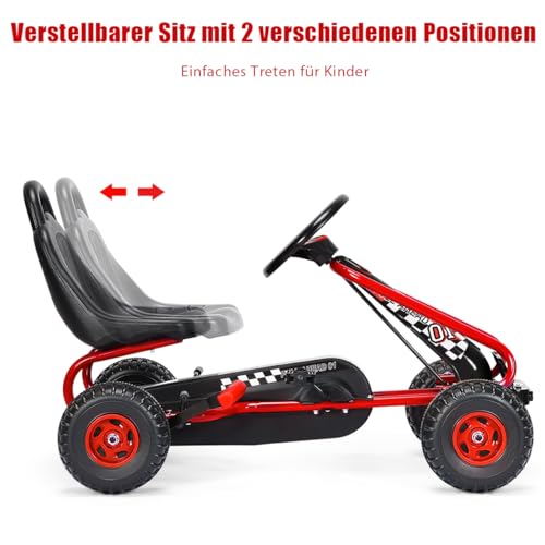 SOARS Gokart, Tretauto mit verstellbarem Sitz & Fußpedal, Go Kart mit Handbremse, Kinderspielfahrzeug Vorwärts- und Rückwärtsfunktion, Kinderfahrzeug bis 30 kg belastbar, für Kinder ab 3 Jahren (Rot) – Bild 6