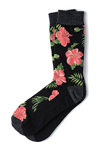 Men's Tropical Island Hibiscus Floral Flowers Crew Dress Socks (Black) One Size