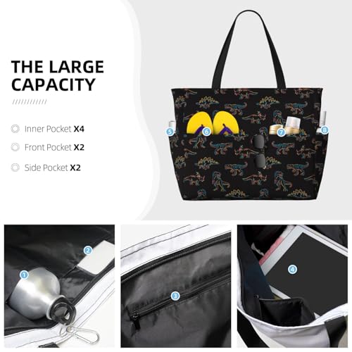 Large Beach Bags Water-resistant Sandproof - Neon dinosaur Cute Beach Tote Bags for Women with Zipper3