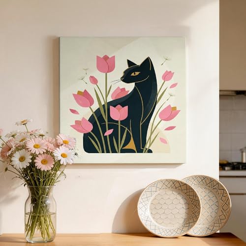 Toile murale chat tulipes 30 cm pour habiller un mur vide de cuisine ou salle de bain
