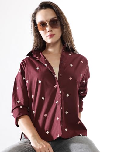 Image of High Star Women Embroidered Oversized Spread Collar Long Sleeves Shirts
