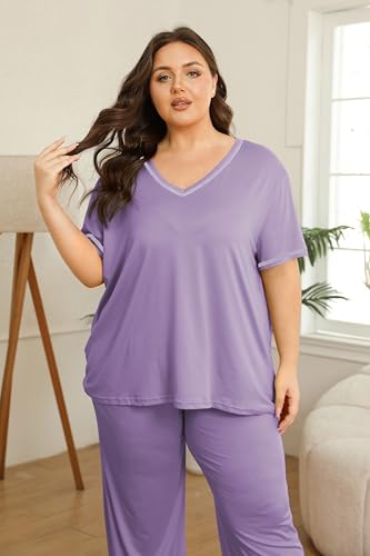 Image of Vozanet Women's Plus Size Pajama Sets Short Sleeve Long Pants Solid Color with Piping Trim Elegant Loungewear Cozy Sleepwear