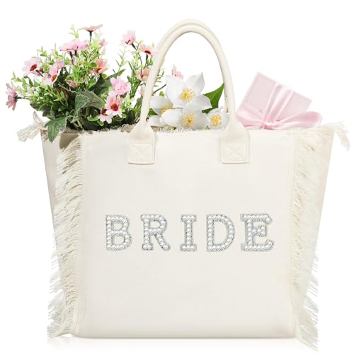 Huhumy Bridal Tote Bag Large Bride Shower Wedding Gift Pearl Rhinestone Honeymoon Beach Tote Bag for Engagement Bachelorette(Bride)