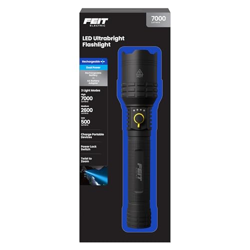 Feit Electric Flashlight - 7000 Lumens LED Rechargeable & AA Battery Compatible