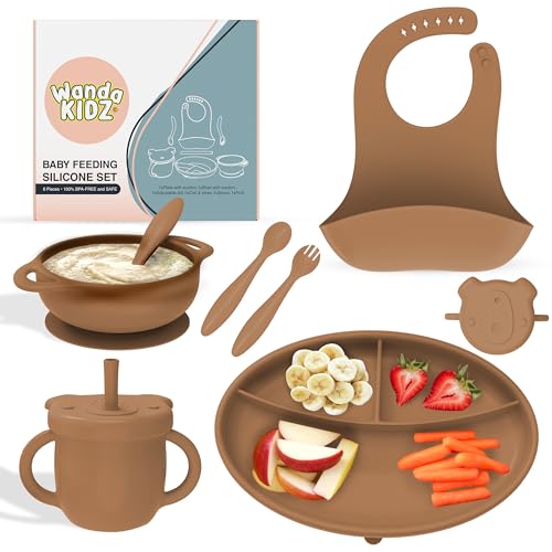 Image of WANDA KIDZ Silicone Baby Feeding Set - Baby Led Weaning Supplies - 6PC Self Feeding Baby Utensils; Suction Plate, Bowl, Bib, Cup, Spoon, Fork - First Stage Baby Eating Essentials - 4+ Months - Caramel