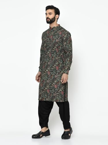 Kisah Men Black Green Ethnic Motifs Embroidered Kurta With Pyjamas, Full Sleaves, Knee Length, Straight, Regular Fit, Mandarin Collar Ethnic Wear