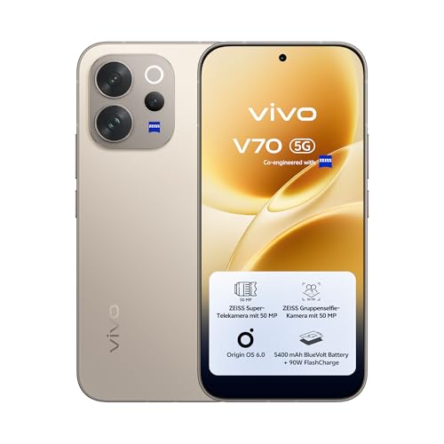 vivo V70 5G-Smartphone 8G + 256 GB ZEISS Super-Telekamera mit 50 MP 4K-Video gestochen scharfes AMOLED-Display in 1.5K mit 6 59 5.400-mAh-Akku 3D-Fingerabdruckscanner IP68 und IP69 Android 16