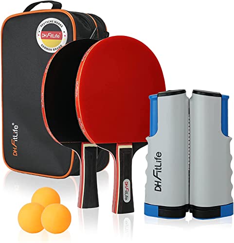 DH FitLife Set de Raquettes de Tennis de Table pour 2 Joueurs avec Filet Mobile Extensible, 3 balles de ping-Pong et 2 Raquettes avec Sac de Rangement, kit de Tennis de Table avec Filet Cover
