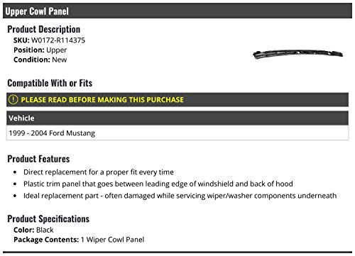 Upper Wiper Cowl Panel - Black - Compatible with 1999-2004 Ford Mustang