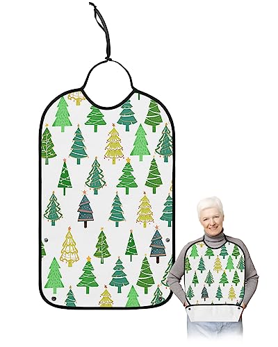 Christmas Adult Bib for Eating with Crumb Catcher,Washable & Waterproof Terry Cloth Adjustable Elderly Women Men Adult Bibs Funny Apron Reusable Clothing Protector Teal Green Xmas Tree Winter Holiday