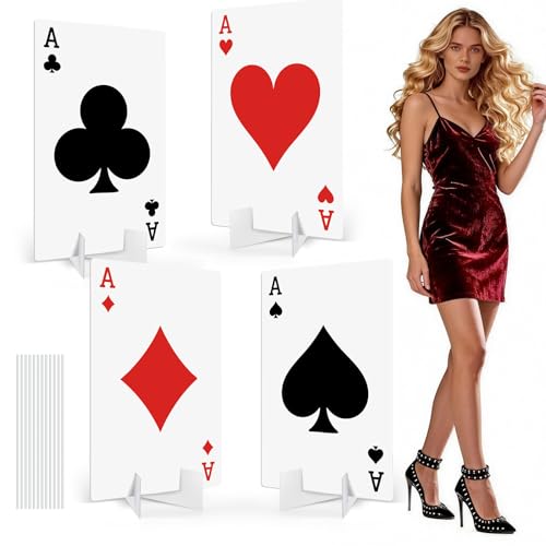 LawnIdyll 4 PCS Giant Poker Card Cardboard Cutouts with Stands, Casino Ace Playing Card Yard Sign with Stakes Casino Theme Decorations for Poker Night Parties, Game Table Decor, Las Vegas Theme Events