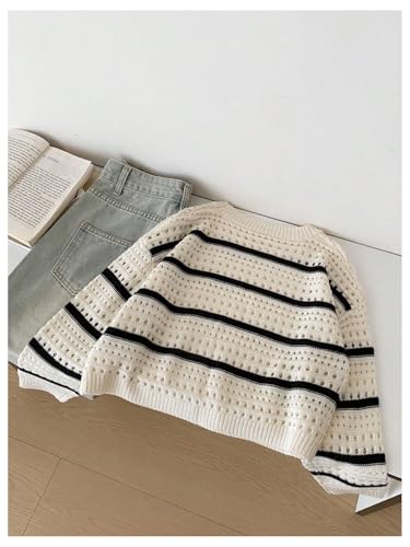 SHENHE Girl's Striped Sweater Hollow Out Crew Neck Loose Knit Crop Top Sweater Pullover2