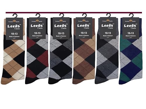 DIAMOND ARGYLE FORMAL DRESS SOCKS 6 PAIRS NATURAL COTTON SIZE 10-13