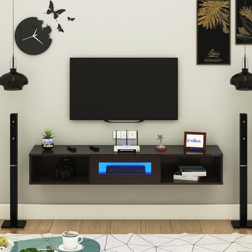 Image of Anikaa Novus Wall Mount Modern Floating TV Unit for Living Room with Open Shelf Storage Cabinet & Middle Cabinet Blue LED Light (Ideal for 32 to 55 inch TV, DIY Installation, Wenge Finish)