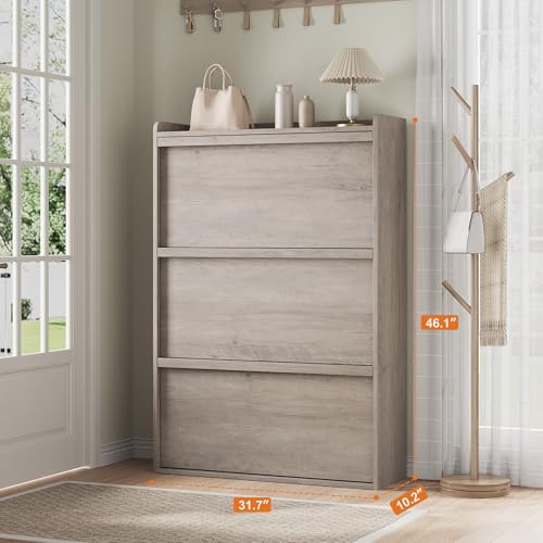 GarveeHome Shoe Cabinet with 3 Flip Drawers, Wooden Shoe Organizer Cabinet with Adjustable Shelf, Shoe Storage for Entryway, Hidden Shoe Cabinet for Hallway, Living Room, Grey