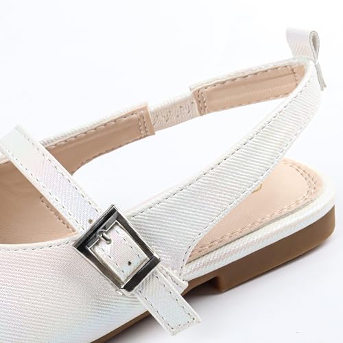 Girls Dress Shoes Square Toe Slingback Flats Adjustable Buckle Strap Mary Jane Shoes for Girls for Wedding,Party,Birthday,Colorful White,133
