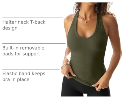 Image of Darong Womens Ribbed Halter Neck Tank Top with Built in Bras Summer Clothes