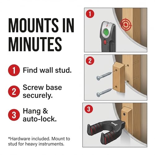 Image of RockJam Guitar Wall Mount, Heavy Duty Padded Guitar Hanger | Padded steel guitar wall hanger for acoustic, electric and bass guitars with mounting hardware included