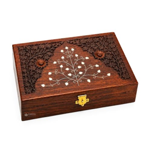 Image of Exquisitely Hand Brass-Filled Wooden OM Box for Good Luck| Jewellery Box (11X7 Inches, Crown)