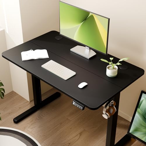 Image of ERGOMAKER Electric Standing Desk 100x60cm (39.4 inchx23.6 inch), Height Adjustable Sit Stand Desk with Splice Board for Home Office, Computer Desk Memory Preset (Black Frame + Black Desktop)