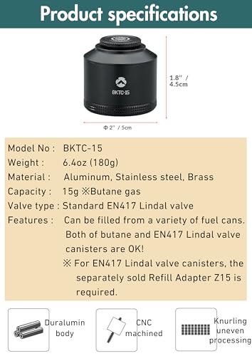 CAMPINGMOON Wiederbefüllbarer Gaskanister leer Taschenbehälter für Gaslaterne Rucksack Camping 15g schwarz BKTC-15