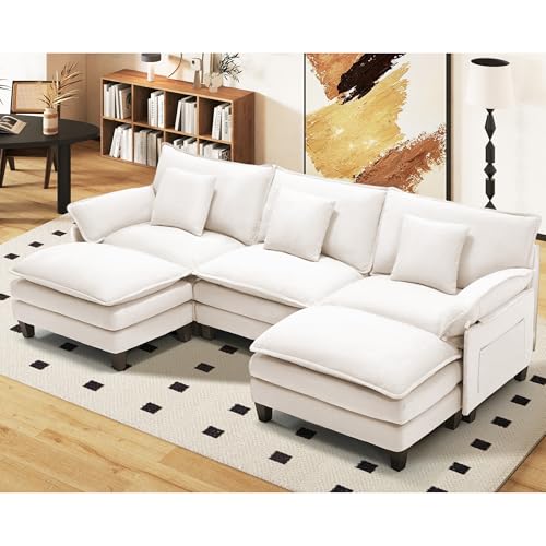 Image of Modular Sectional Sofa, Comfy Cloud Couch with Movable Ottoman, Deep Seat Couches for Living Room, Bedroom and Apartment, 106 inch U Shaped Modern Sofa with Pillows, Beige