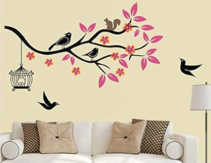 Heaven Decors Birds On Tree Branch with Pink Leaves and Birdcage Wall Sticker for Bedroom (Ideal Size on Wall: 120 cm x 65 cm),Multicolour