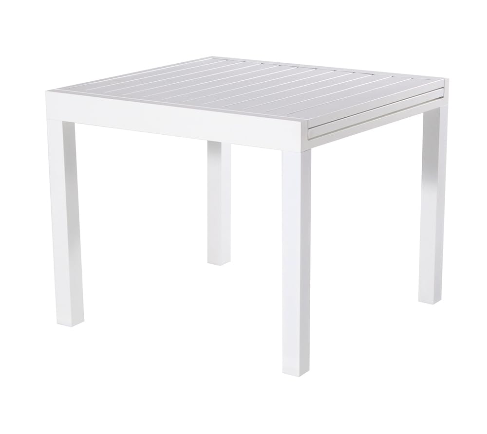VERDELOOK | Tavolo Allungabile Sardegna Bianco 90/180x90 H74 cm, Tavolo Quadrato da Giardino in Alluminio Verniciato con Piano a Doghe, Apertura Scorrevole per Esterno
