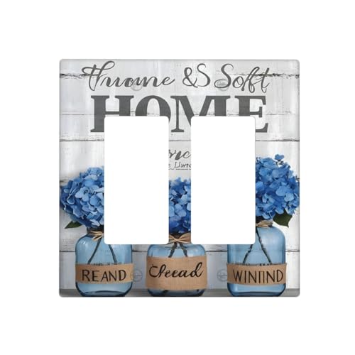 Decorative Outlet Covers Blue Flower Bottles Wood Plank 2 Gang Wall Plate Double Rocker Two Switch Wall Cover Plate Jumbo Dual Gfci Faceplate for Bedroom Decor