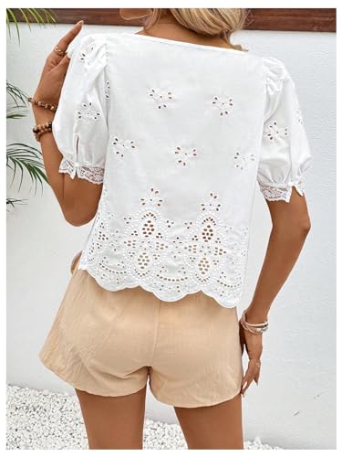 SweatyRocks Women's Square Neck Puff Sleeve Eyelet Lace Hollow Out Embroidered Top Blouse2