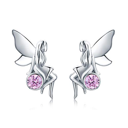 NEWL Pendientes de plata de ley 925 con diseño de hada de flores y circonita cúbica rosa para...